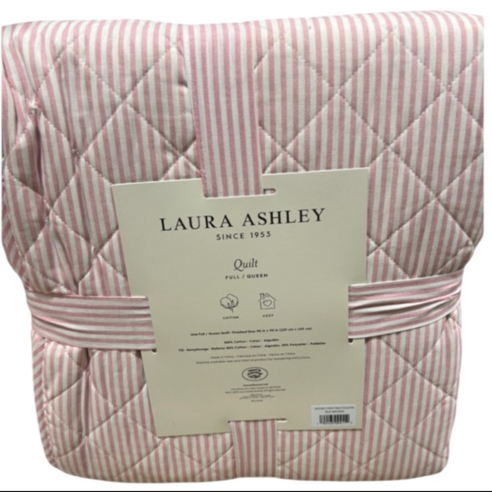 Laura Ashley Pink and White Striped Queen Cotton Quilt Set 90”x90”